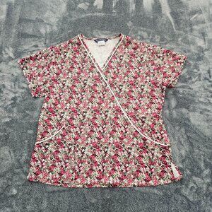Nu Dimension Stretch Scrub Top Womens Large v neck  floral Medical uniform SS